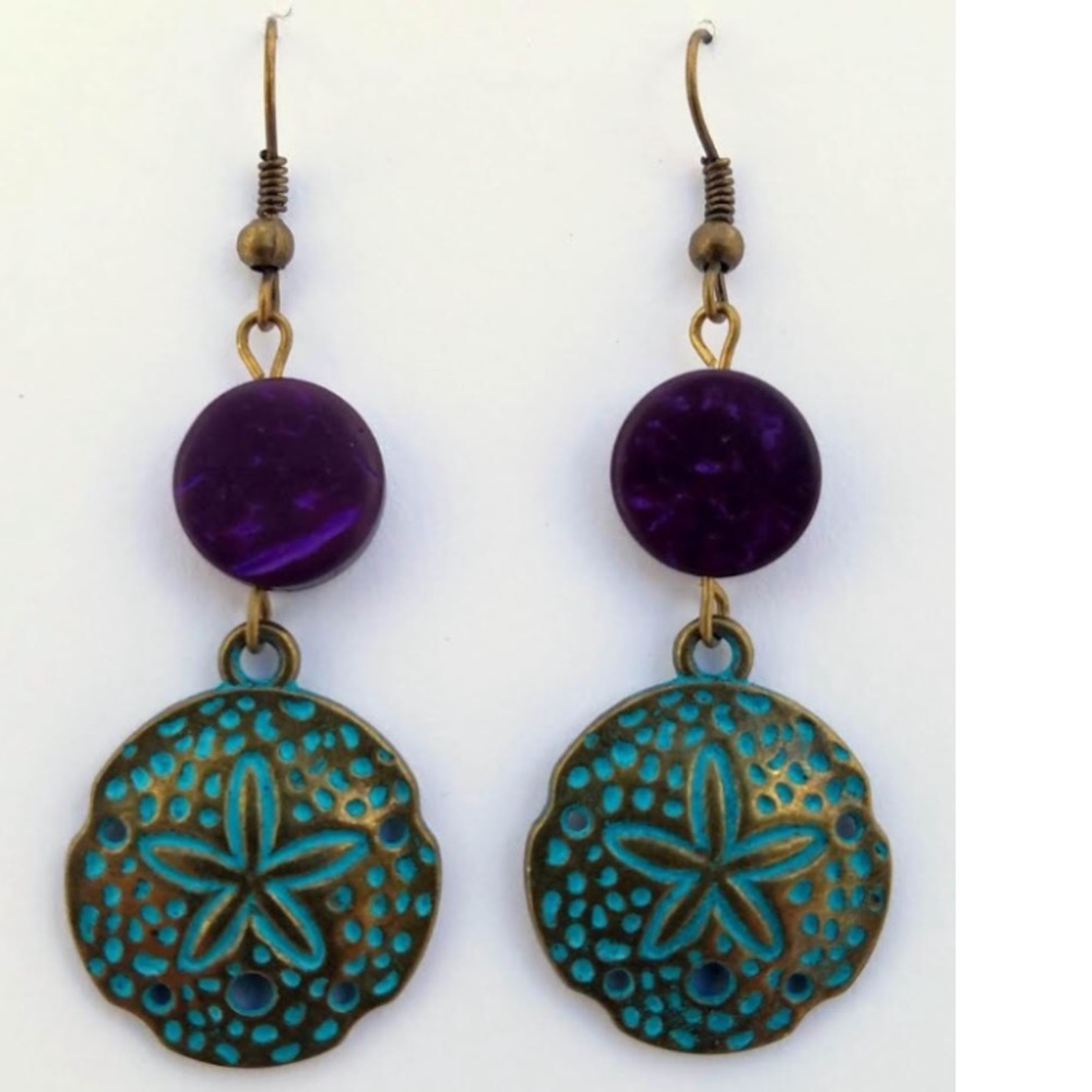 🆕 “Sand Dollar” Brass Patina/Purple Earrings Gift